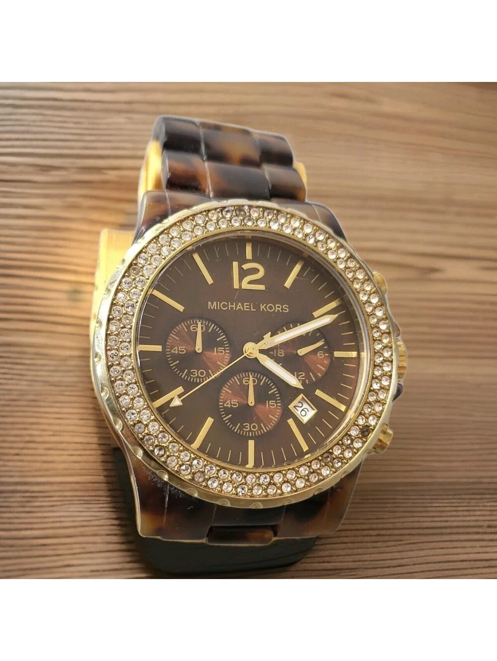 Michael Kors Men's Gold Chronograph Wristwatch Bracelet Brown Rhinestones Works!